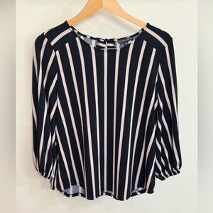 Adrianna Papell 3/4 Sleeve Striped Crepe Blouse w/ Keyhole Back Large Crew Neck